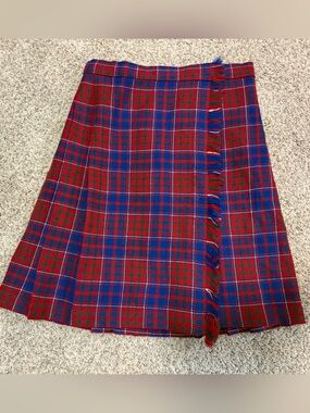 Vintage Wool Plaid Tartan Wrap Skirt with Fringe, XS